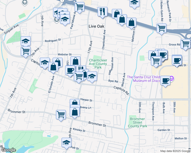 map of restaurants, bars, coffee shops, grocery stores, and more near 1770 Chanticleer Avenue in Santa Cruz