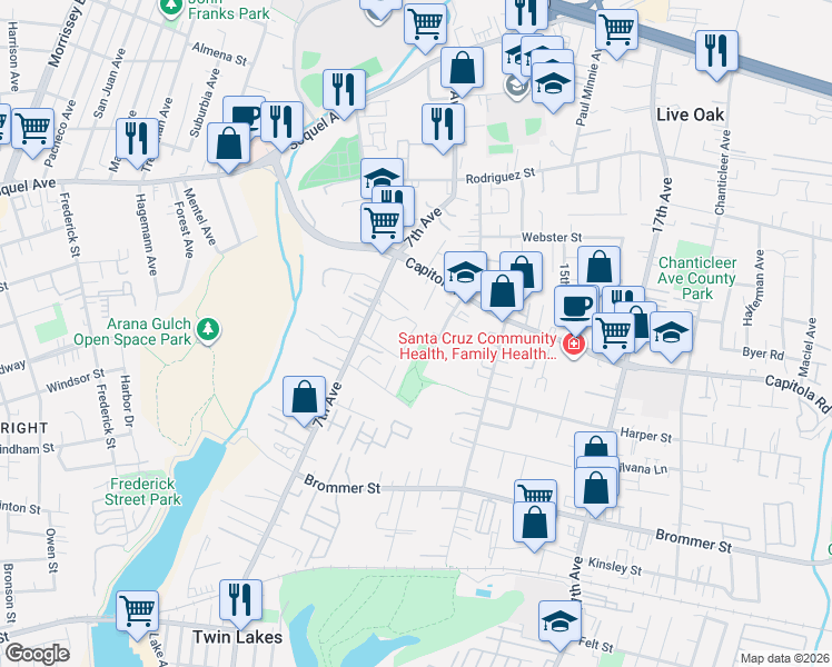 map of restaurants, bars, coffee shops, grocery stores, and more near 1300 Jose Avenue in Santa Cruz