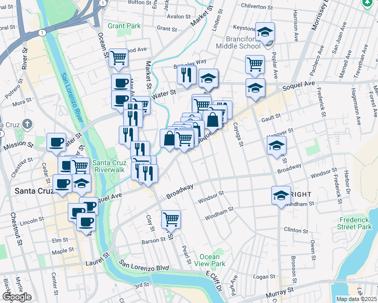 map of restaurants, bars, coffee shops, grocery stores, and more near 622 Soquel Avenue in Santa Cruz