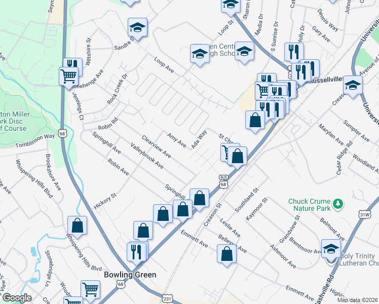 map of restaurants, bars, coffee shops, grocery stores, and more near 125 Clearview Avenue in Bowling Green