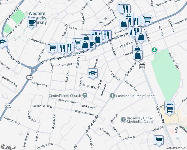 map of restaurants, bars, coffee shops, grocery stores, and more near 1018 Liberty Way in Bowling Green