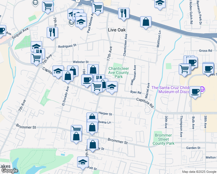 map of restaurants, bars, coffee shops, grocery stores, and more near 1770 17th Avenue in Santa Cruz