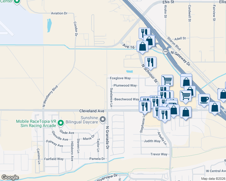 map of restaurants, bars, coffee shops, grocery stores, and more near 2541 Grapewood Way in Madera