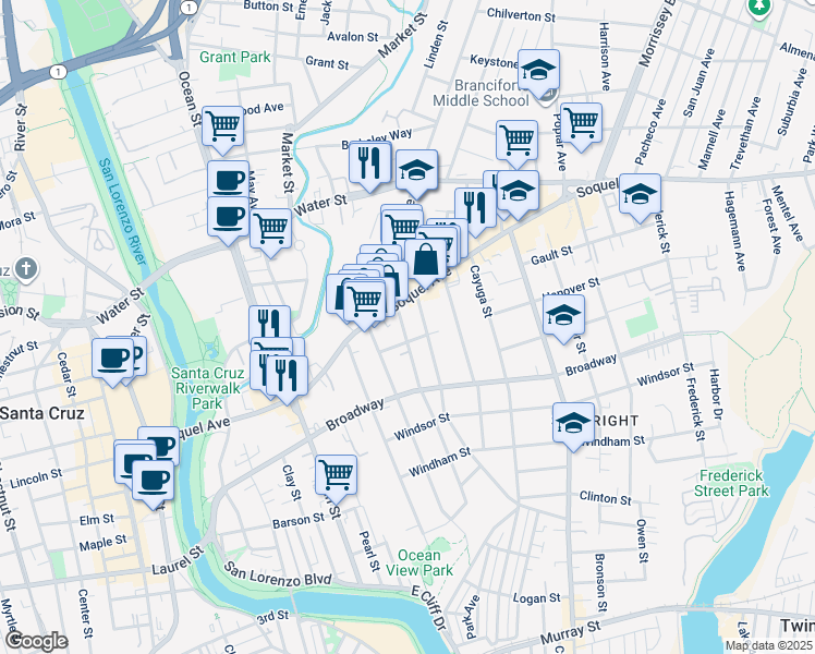 map of restaurants, bars, coffee shops, grocery stores, and more near 512 Caledonia Street in Santa Cruz
