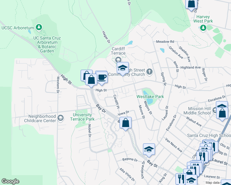 map of restaurants, bars, coffee shops, grocery stores, and more near 118 Bursar Lane in Santa Cruz
