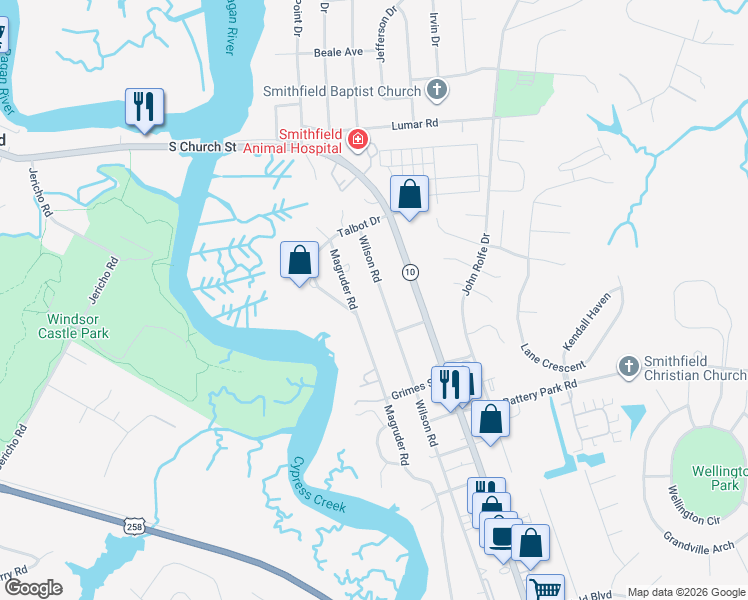 map of restaurants, bars, coffee shops, grocery stores, and more near 917 Magruder Road in Smithfield