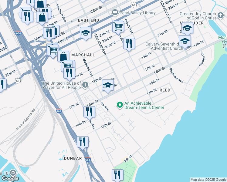 map of restaurants, bars, coffee shops, grocery stores, and more near 737 16th Street in Newport News