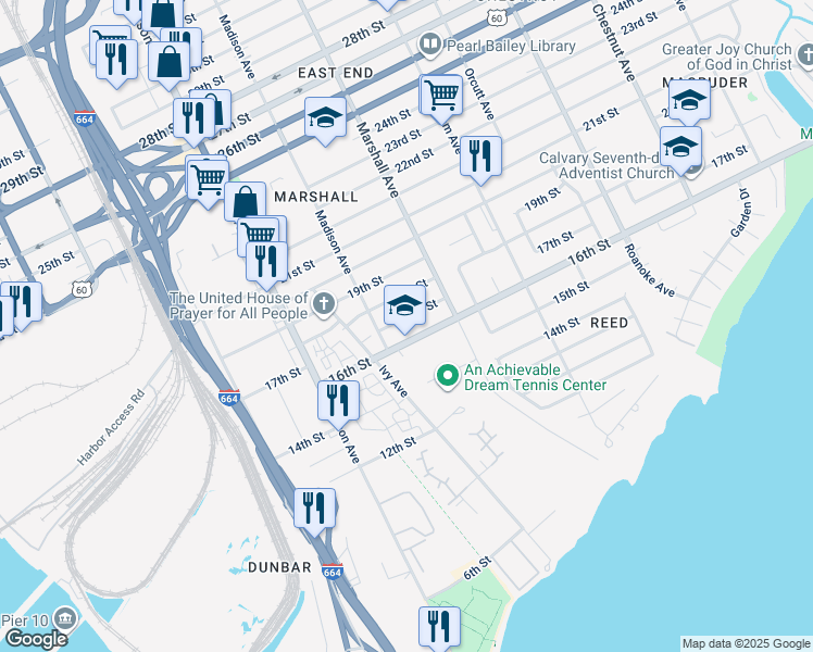 map of restaurants, bars, coffee shops, grocery stores, and more near 722 17th Street in Newport News