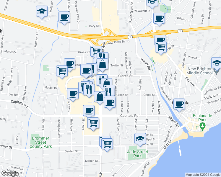 map of restaurants, bars, coffee shops, grocery stores, and more near 4168 Viga Court in Capitola