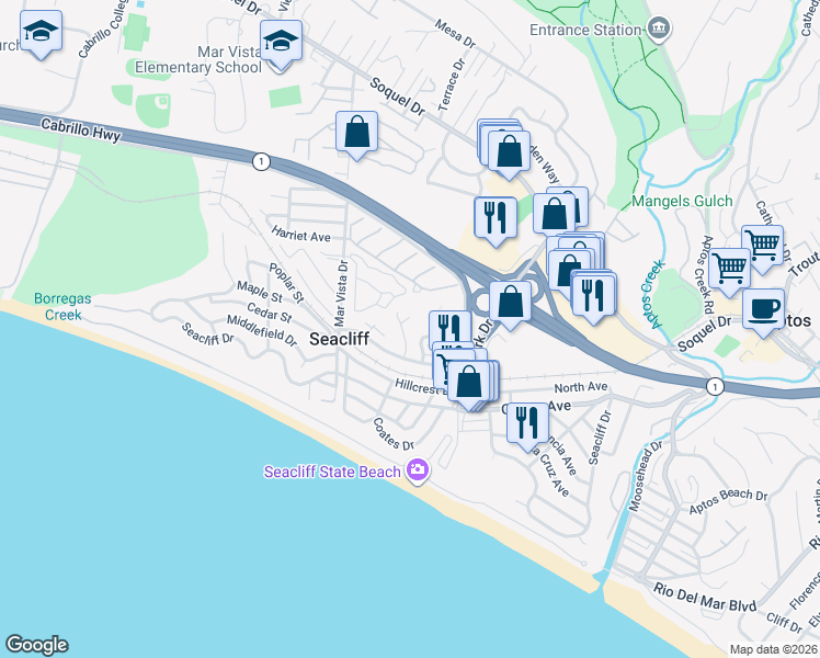 map of restaurants, bars, coffee shops, grocery stores, and more near 114 Sea Ridge Court in Aptos