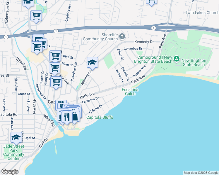 map of restaurants, bars, coffee shops, grocery stores, and more near 702 Escalona Drive in Capitola
