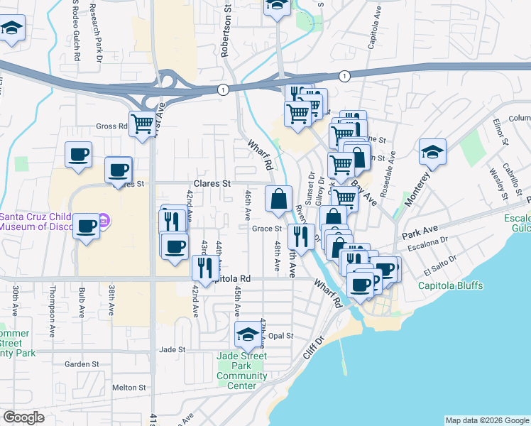 map of restaurants, bars, coffee shops, grocery stores, and more near 4805 Grace Street in Capitola