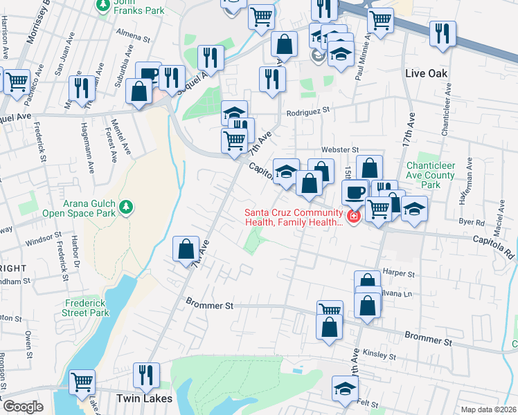 map of restaurants, bars, coffee shops, grocery stores, and more near 1300 Jose Avenue in Santa Cruz