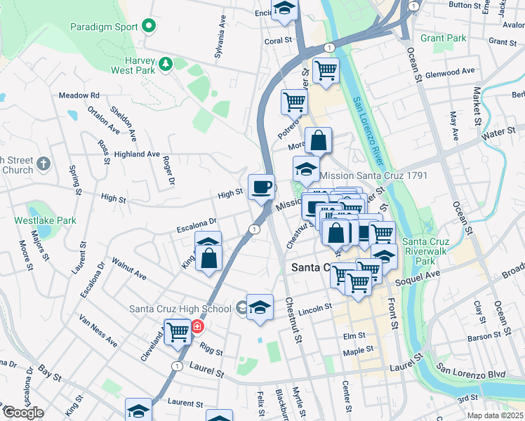 map of restaurants, bars, coffee shops, grocery stores, and more near 350 Mission Street in Santa Cruz