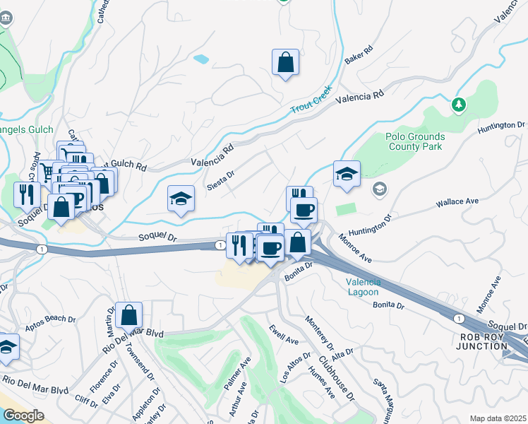 map of restaurants, bars, coffee shops, grocery stores, and more near 202 Coronado Drive in Aptos