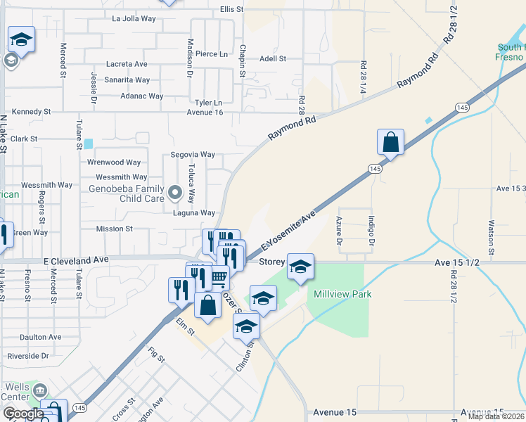 map of restaurants, bars, coffee shops, grocery stores, and more near 27825 California 145 in Madera
