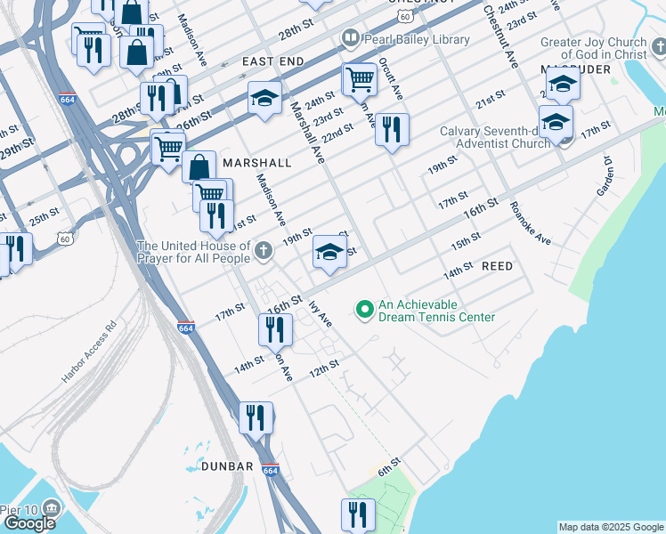map of restaurants, bars, coffee shops, grocery stores, and more near 724 17th Street in Newport News