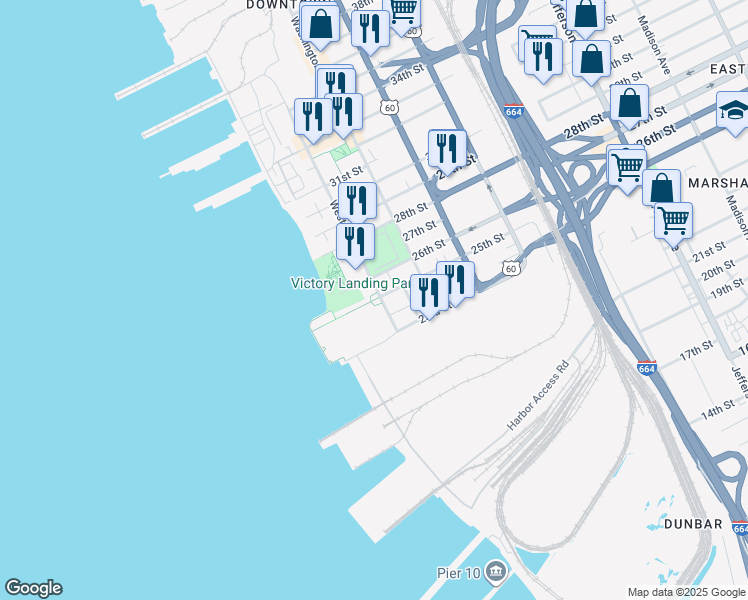 map of restaurants, bars, coffee shops, grocery stores, and more near 2501 West Avenue in Newport News