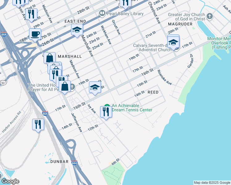 map of restaurants, bars, coffee shops, grocery stores, and more near 1513 Rolfe Place in Newport News