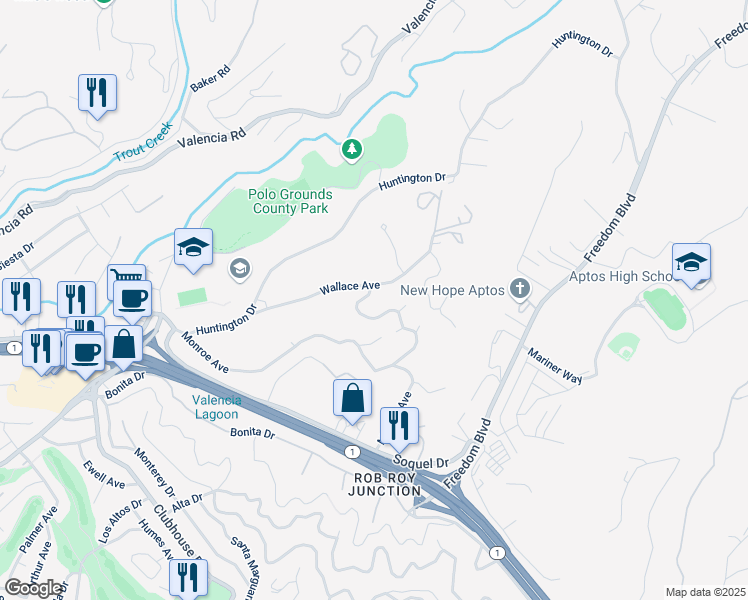 map of restaurants, bars, coffee shops, grocery stores, and more near 125 Bowen Avenue in Aptos