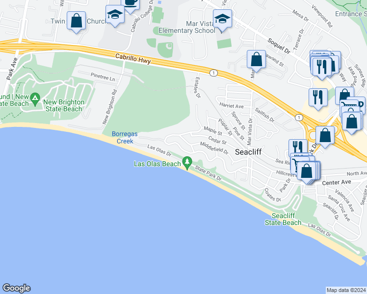 map of restaurants, bars, coffee shops, grocery stores, and more near 716 Seacliff Drive in Aptos