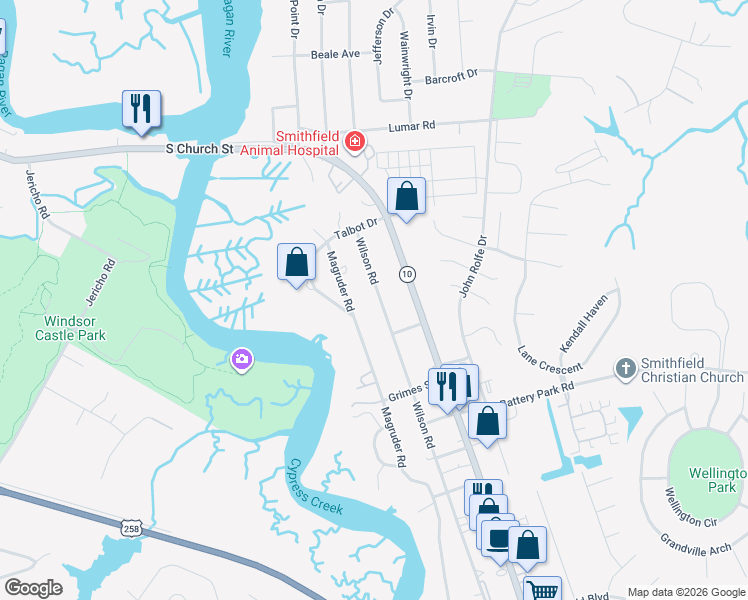map of restaurants, bars, coffee shops, grocery stores, and more near 917 Magruder Road in Smithfield