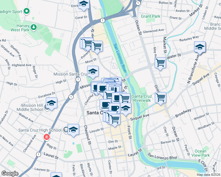 map of restaurants, bars, coffee shops, grocery stores, and more near Front Street in Santa Cruz