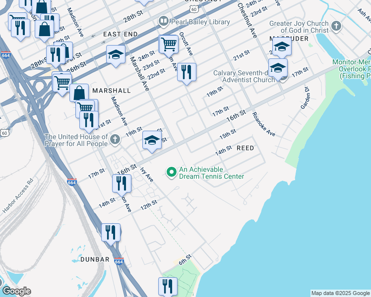 map of restaurants, bars, coffee shops, grocery stores, and more near 1513 Rolfe Place in Newport News