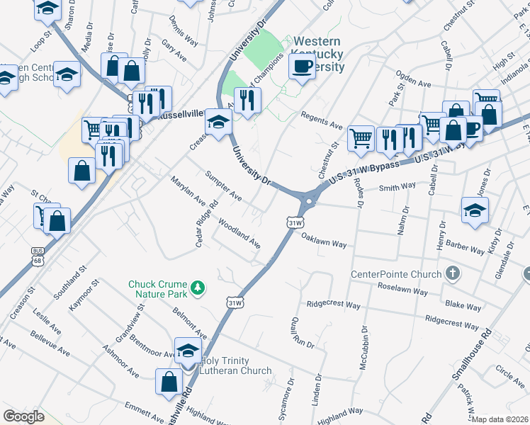 map of restaurants, bars, coffee shops, grocery stores, and more near 1800 Craig Street in Bowling Green