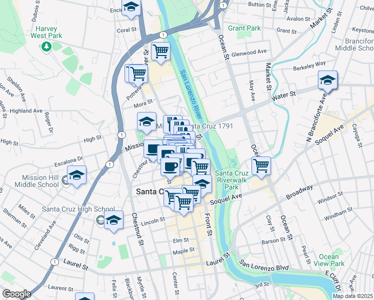 map of restaurants, bars, coffee shops, grocery stores, and more near 850 Front Street in Santa Cruz