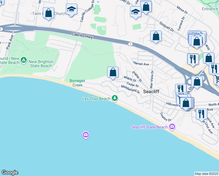 map of restaurants, bars, coffee shops, grocery stores, and more near 721 Seacliff Drive in Aptos