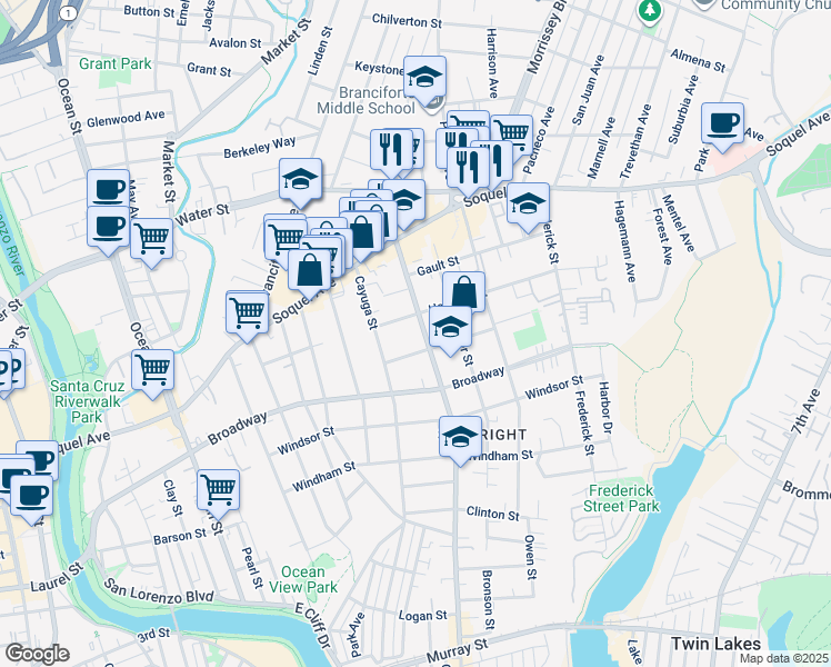 map of restaurants, bars, coffee shops, grocery stores, and more near 119 Effey Street in Santa Cruz