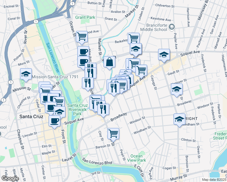 map of restaurants, bars, coffee shops, grocery stores, and more near 555 Soquel Avenue in Santa Cruz