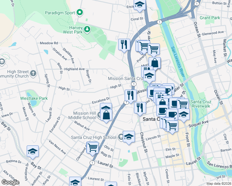 map of restaurants, bars, coffee shops, grocery stores, and more near 123 Jordan Street in Santa Cruz