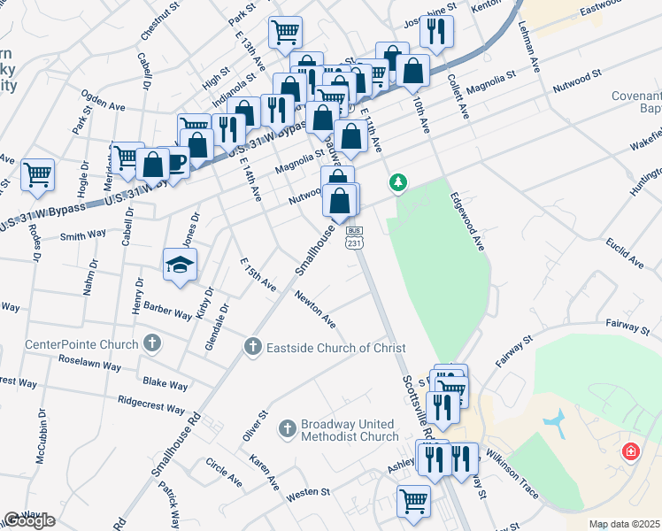map of restaurants, bars, coffee shops, grocery stores, and more near 1422 Clayton Court in Bowling Green