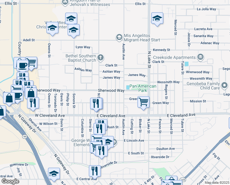 map of restaurants, bars, coffee shops, grocery stores, and more near 598 Sherwood Way in Madera