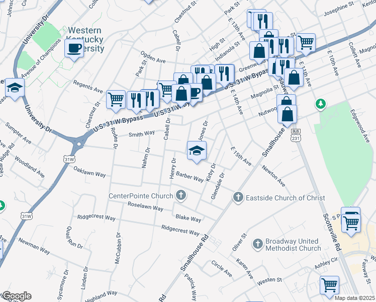 map of restaurants, bars, coffee shops, grocery stores, and more near 1001 Liberty Way in Bowling Green
