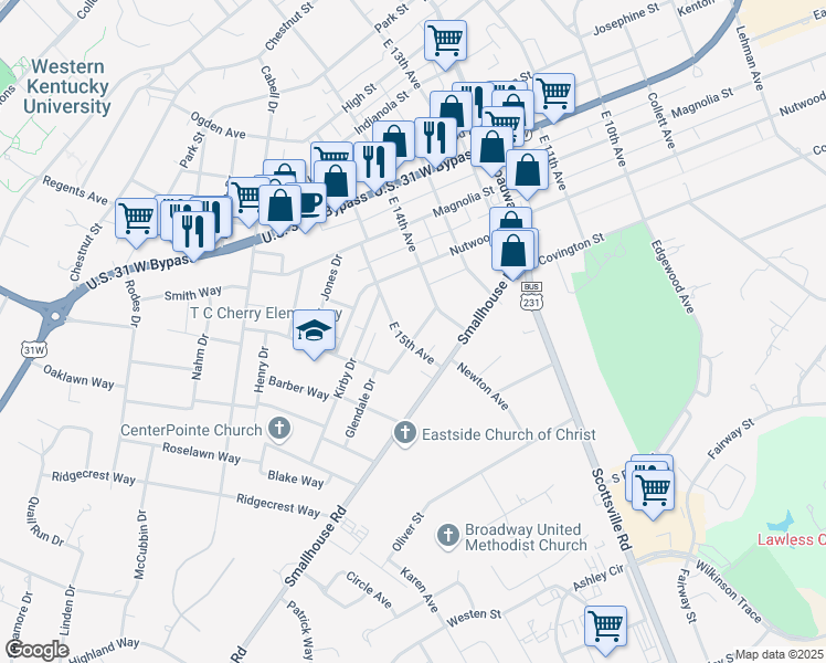 map of restaurants, bars, coffee shops, grocery stores, and more near 1423 Neal Street in Bowling Green