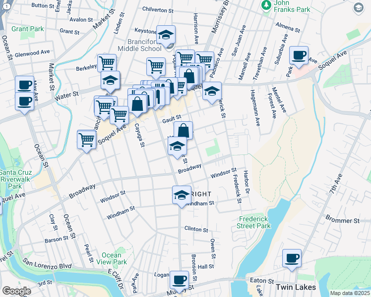 map of restaurants, bars, coffee shops, grocery stores, and more near 305 Effey Street in Santa Cruz