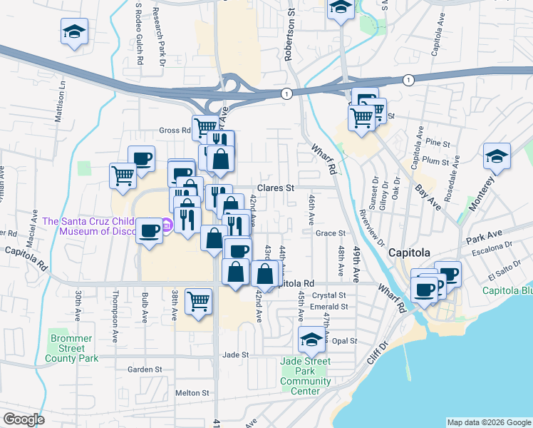 map of restaurants, bars, coffee shops, grocery stores, and more near 4263 Sea Pines Court in Capitola