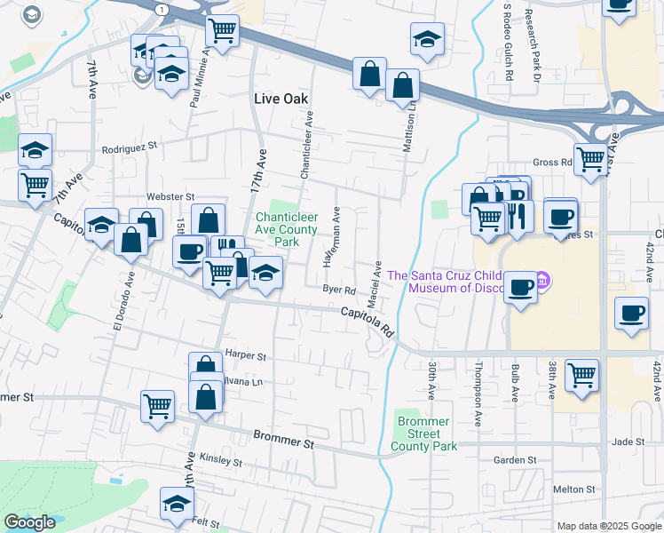 map of restaurants, bars, coffee shops, grocery stores, and more near 1785 Halterman Avenue in Santa Cruz