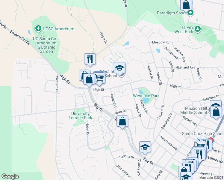 map of restaurants, bars, coffee shops, grocery stores, and more near 230 Cardiff Place in Santa Cruz