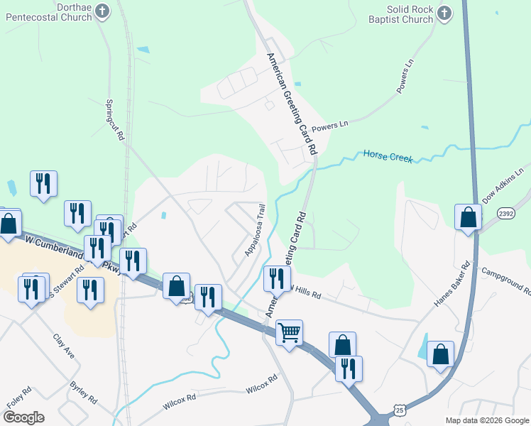 map of restaurants, bars, coffee shops, grocery stores, and more near 1270 American Greeting Card Road in Corbin