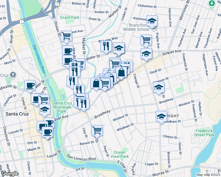 map of restaurants, bars, coffee shops, grocery stores, and more near 622 Soquel Avenue in Santa Cruz