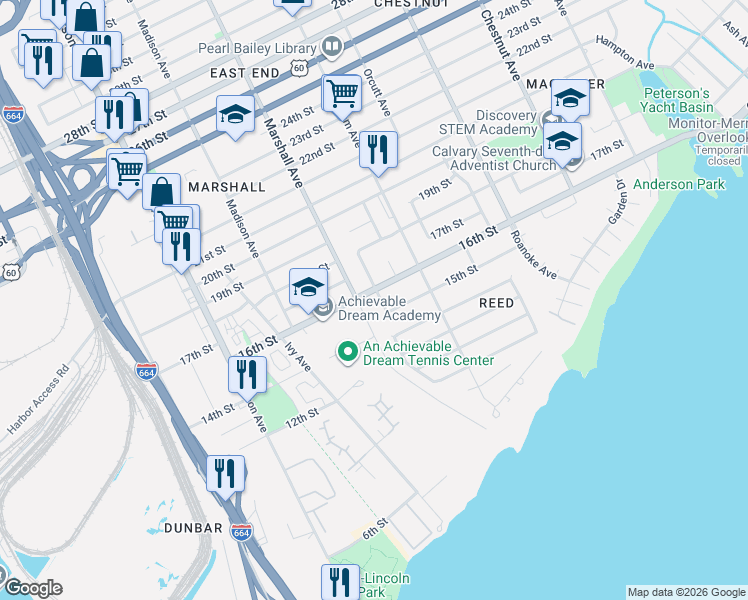 map of restaurants, bars, coffee shops, grocery stores, and more near 1408 Marshall Avenue in Newport News