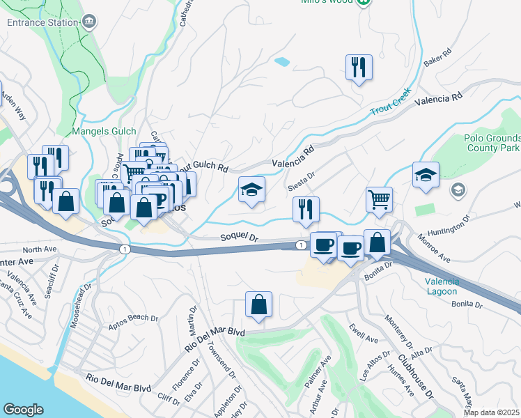 map of restaurants, bars, coffee shops, grocery stores, and more near 250 Aptos School Road in Aptos