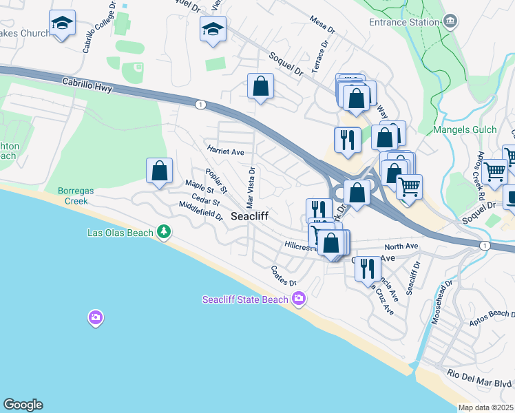map of restaurants, bars, coffee shops, grocery stores, and more near in Seacliff