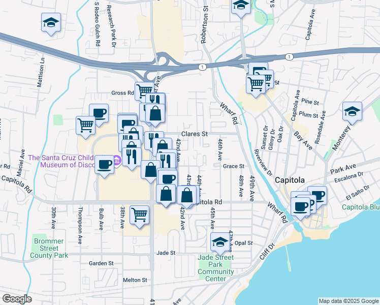 map of restaurants, bars, coffee shops, grocery stores, and more near 4235 Grace Street in Capitola