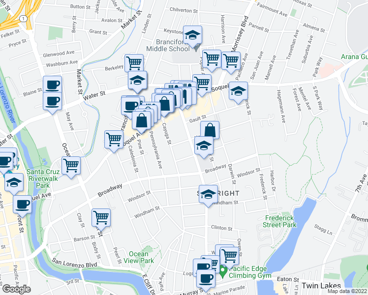 map of restaurants, bars, coffee shops, grocery stores, and more near 119 Effey Street in Santa Cruz
