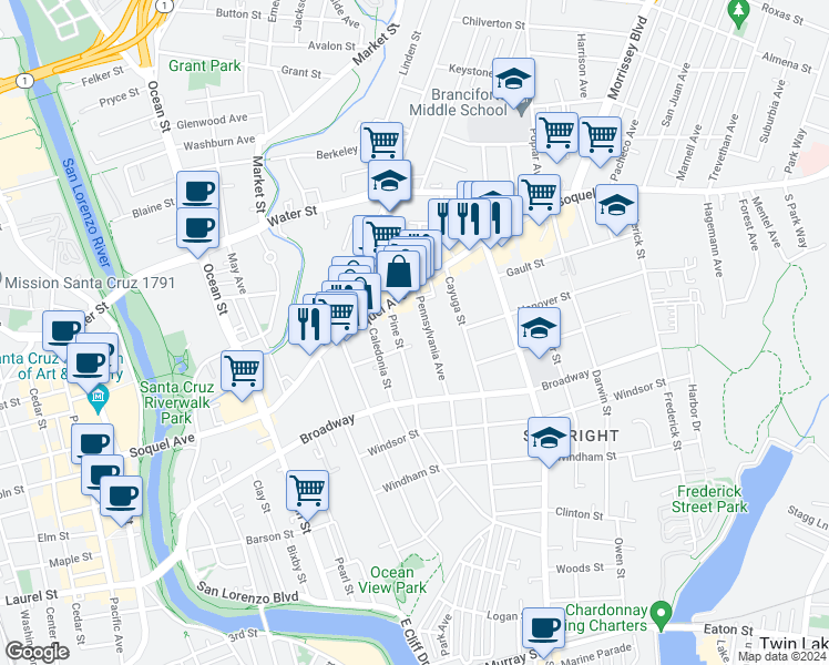 map of restaurants, bars, coffee shops, grocery stores, and more near 343 Pennsylvania Avenue in Santa Cruz